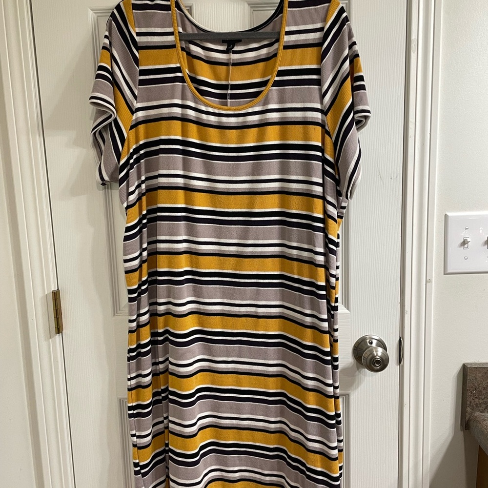 Yellow, black and white stripe mini dress